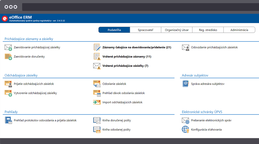 Úvodná stránka po prihlásení používateľa do webového rozhrania produktu eOffice